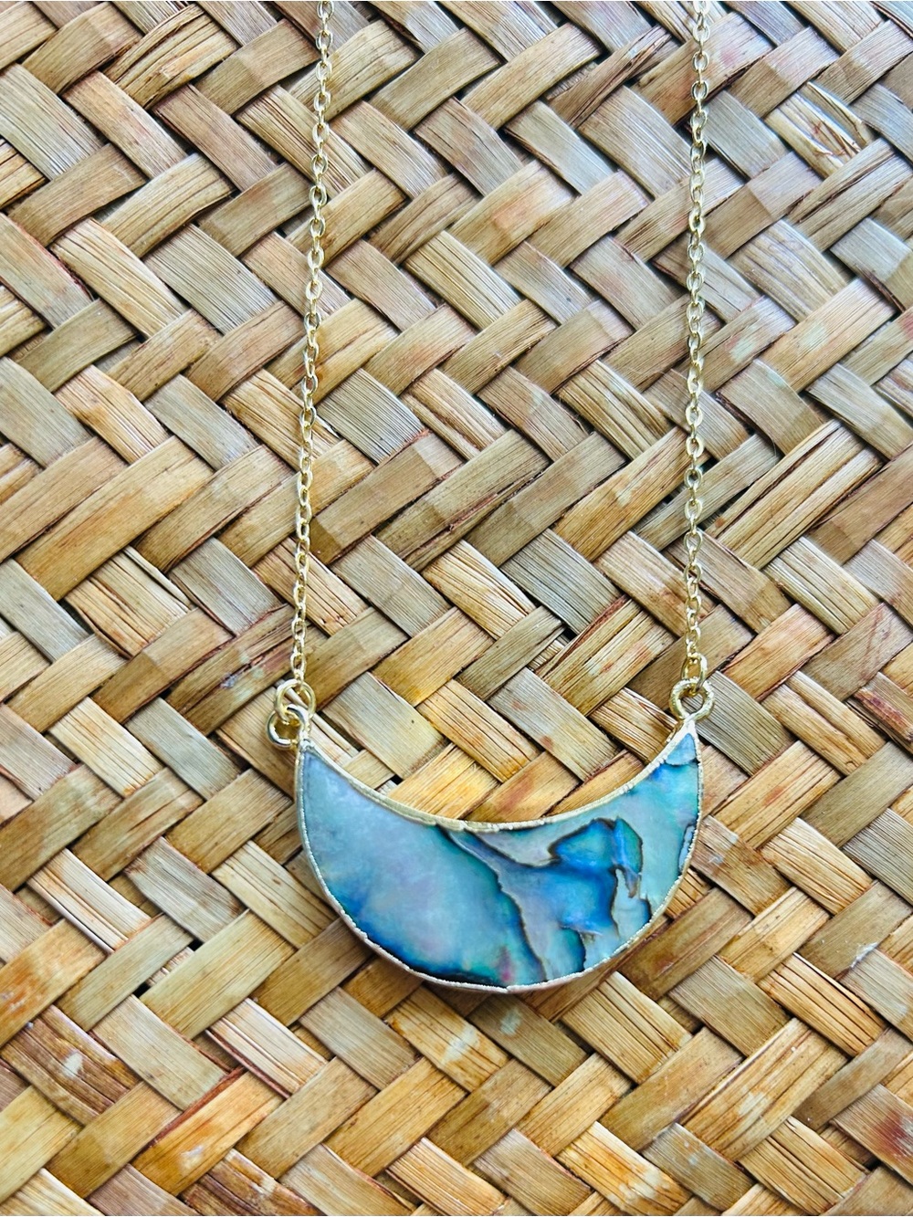 Gold Crescent Shell Pendant Necklace - Blue Abalone  half moon Accent